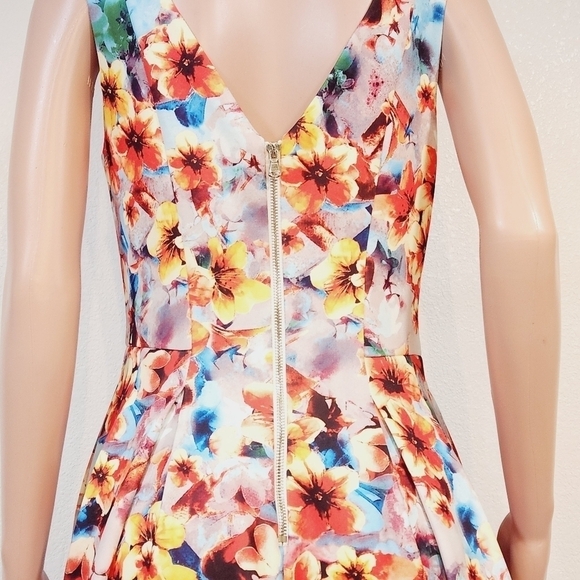 Betsey Johnson Floral Scuba V-Neck Fit Flare Skater A-Line Orange Blue Dress - Picture 9 of 13